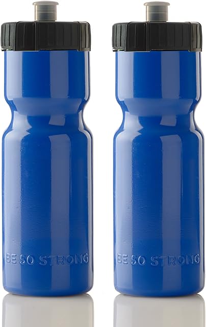 50 Strong Sports Squeeze Water Bottle 2 Pack 22 oz. BPA Free Easy Open Push/Pull Cap USA Made (Blue/Black)