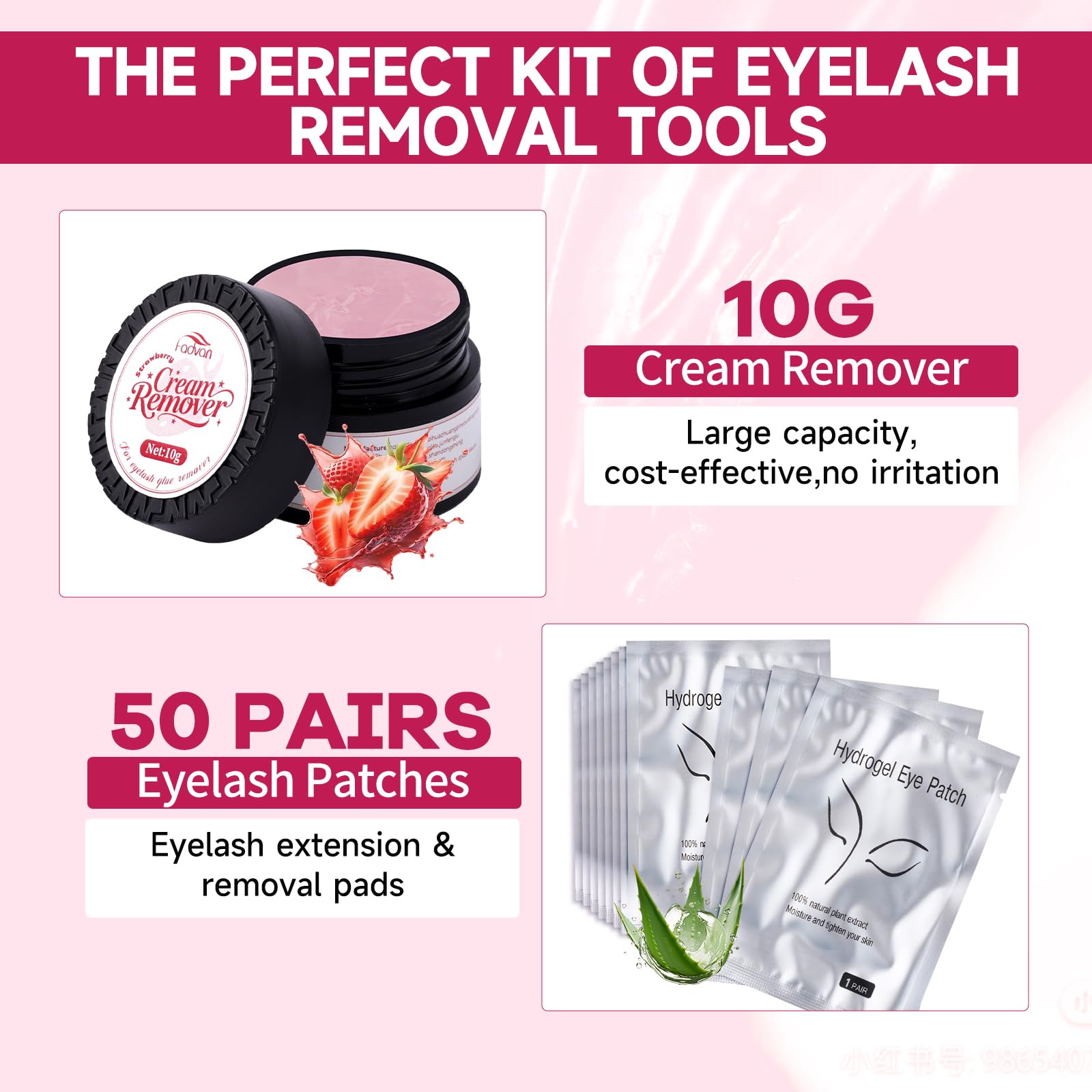 FADVAN Crema Remover Ciglia Finte Extension 10g e Patch Occhi 50pcs - Fragole Rimozione Lashes Glue,Patches Occhi Rimuovere Ciglia,Strumento Kit Perfetto per Struccarsi le Ciglia