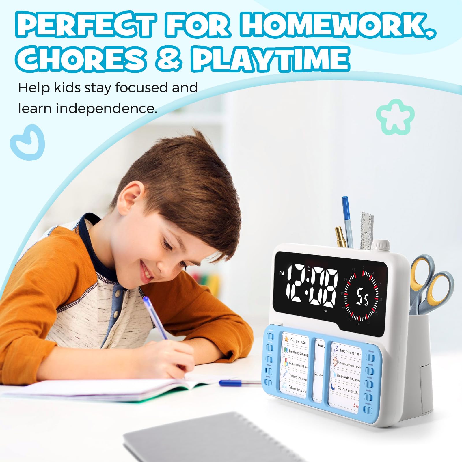 Minuteur visuel pour enfants et adultes - Outil de gestion du temps pour l'autisme et le TDAH avec alarme numérique, couture, tableau de planification des tâches, température et stockage