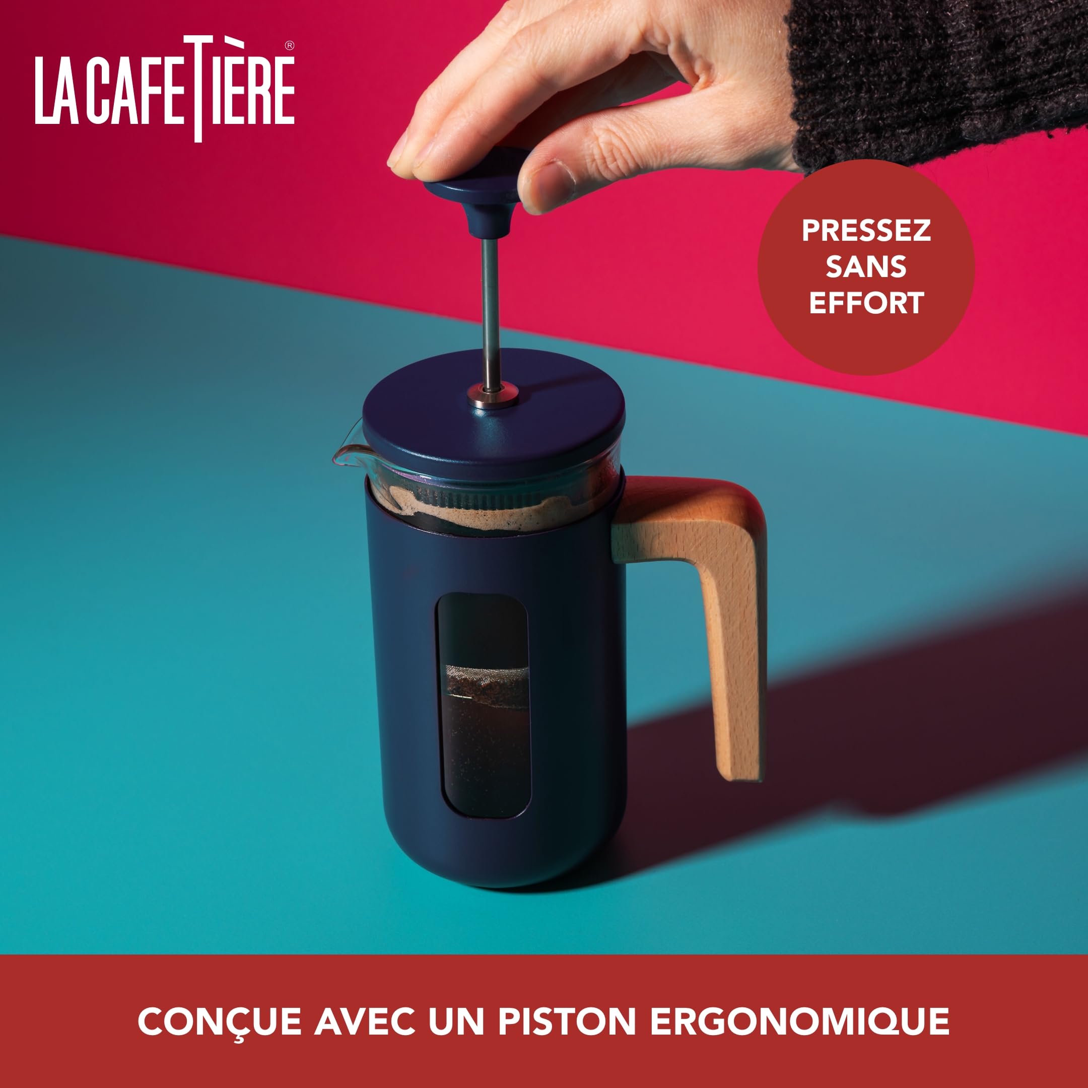 La Cafetière Pisa Cafetière, 8 tasses/1L, verre borosilicate résistant à la chaleur et acier inoxydable avec piston facile à saisir, grande cafetière à piston pour thé en vrac et café moulu, marine