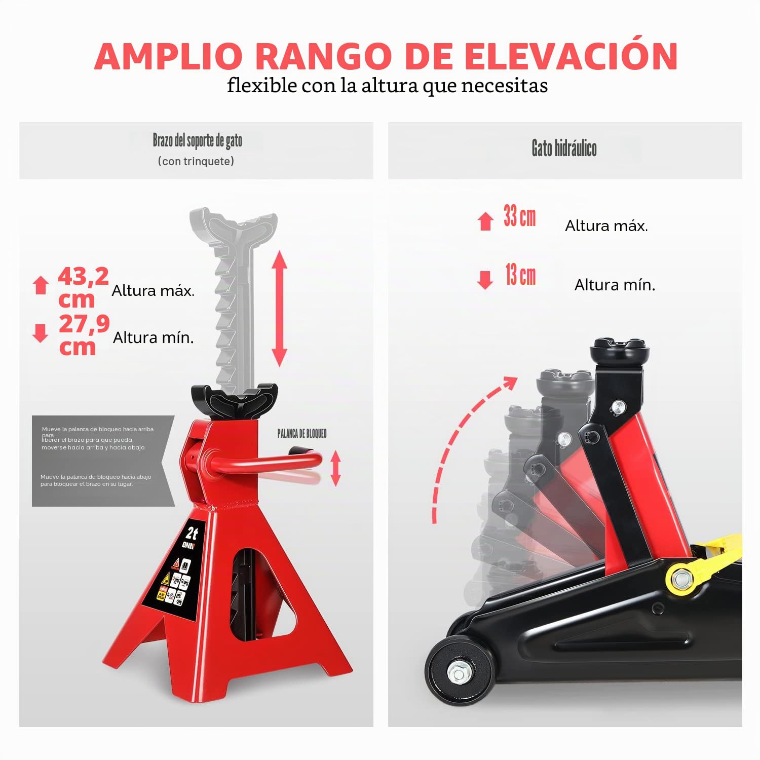 DNA Motoring TOOLS-00280 - Combo de Gato hidráulico de bajo Perfil con 2 Soportes de Gato de trinquete, Capacidad de 2 toneladas (4000 Libras)