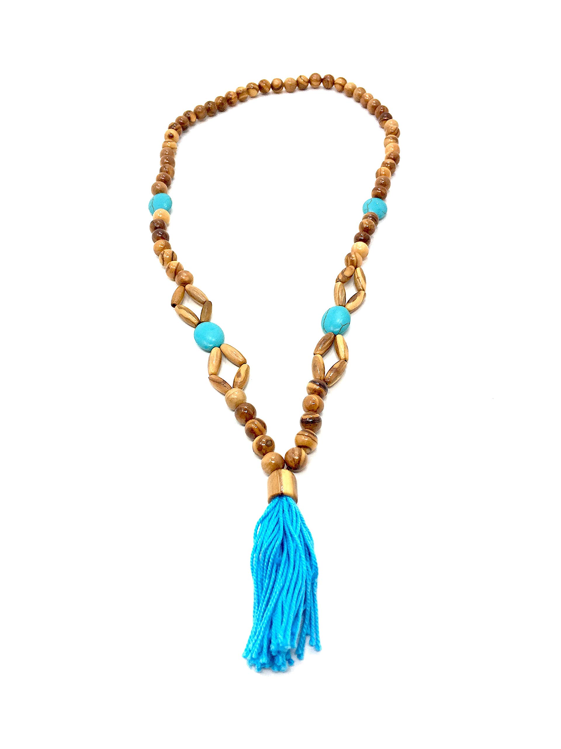 bagustoOlive Wood Beads Necklace with Turquoise Stone Handmade in Mallorca Long Wooden Chain Summer Lock Natural Unique