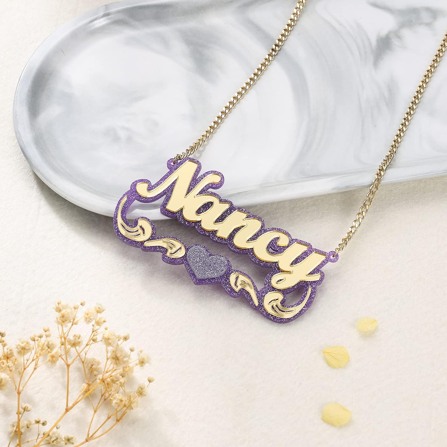 Customized Name Necklace Name Plate Necklace Custom Heart Personalized Acrylic Necklaces Two Tone Necklace for Women Girls (Purple+gold)