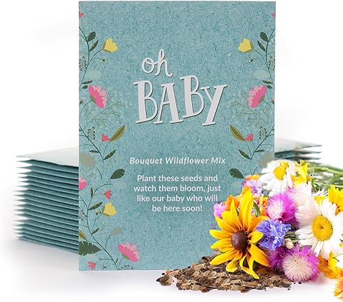 BENTLEY SEED CO. Oh Baby Seed Packets|Regalos de baby shower para invitados | 25 paquetes de semillas de flores silvestres | Prellenados | Mezcla de