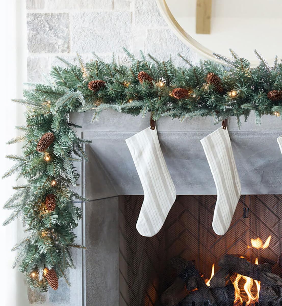 Somikis 9FT Christmas Garland, Battery Operated Pre-Lit Xmas Garland, w/LED Lights and Realistic Arctic Spruce Pine Cones, for Mantle Stair Railing Indoor Outdoor