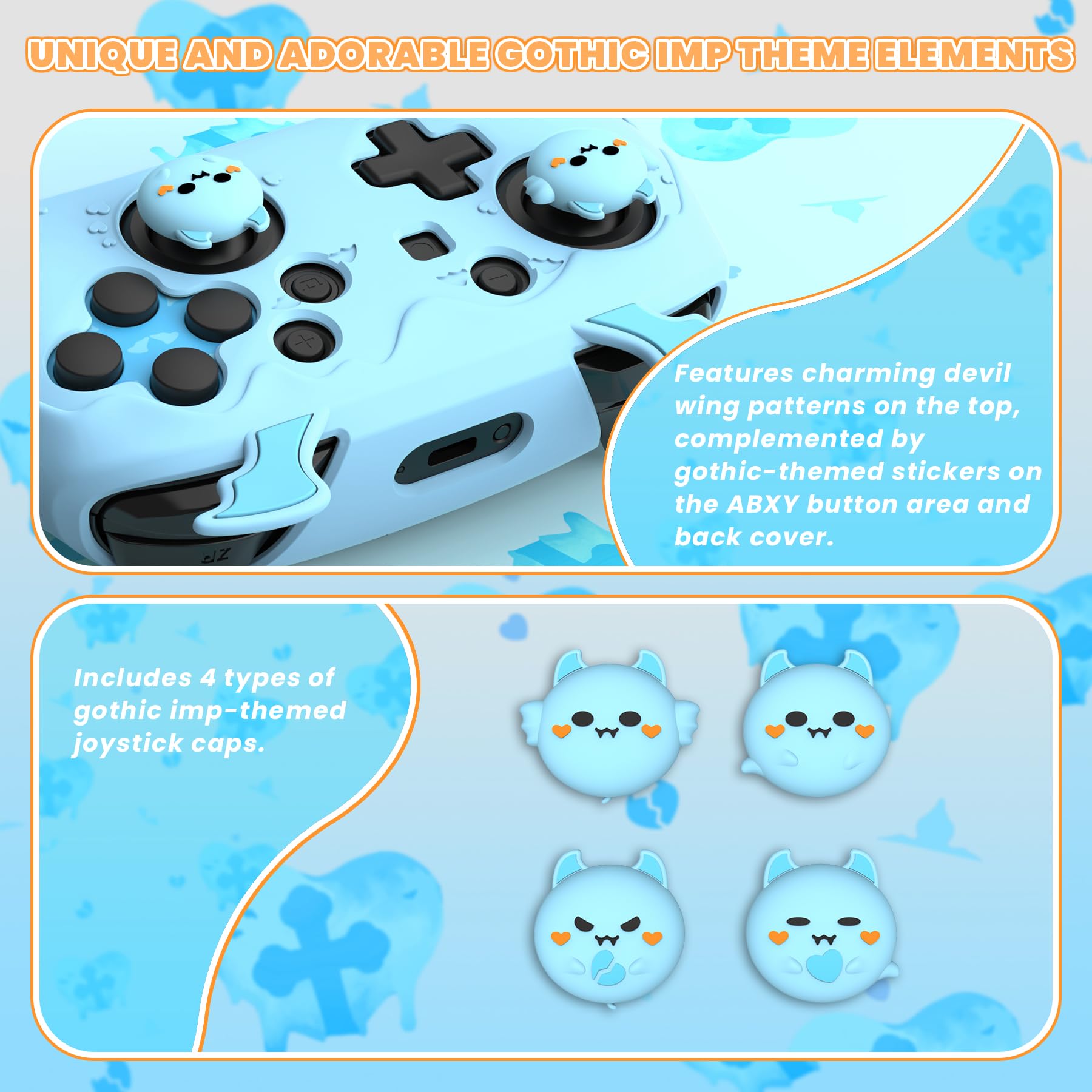playvital Cover Silicone per Nintendo Switch 1 PRO Controller Custodia Joystick Skin Antiscivolo Protettiva Carina, 4 Copri Levette Analogiche & 2 Adesivi, Serie Imp Gotico, Acqua Blu
