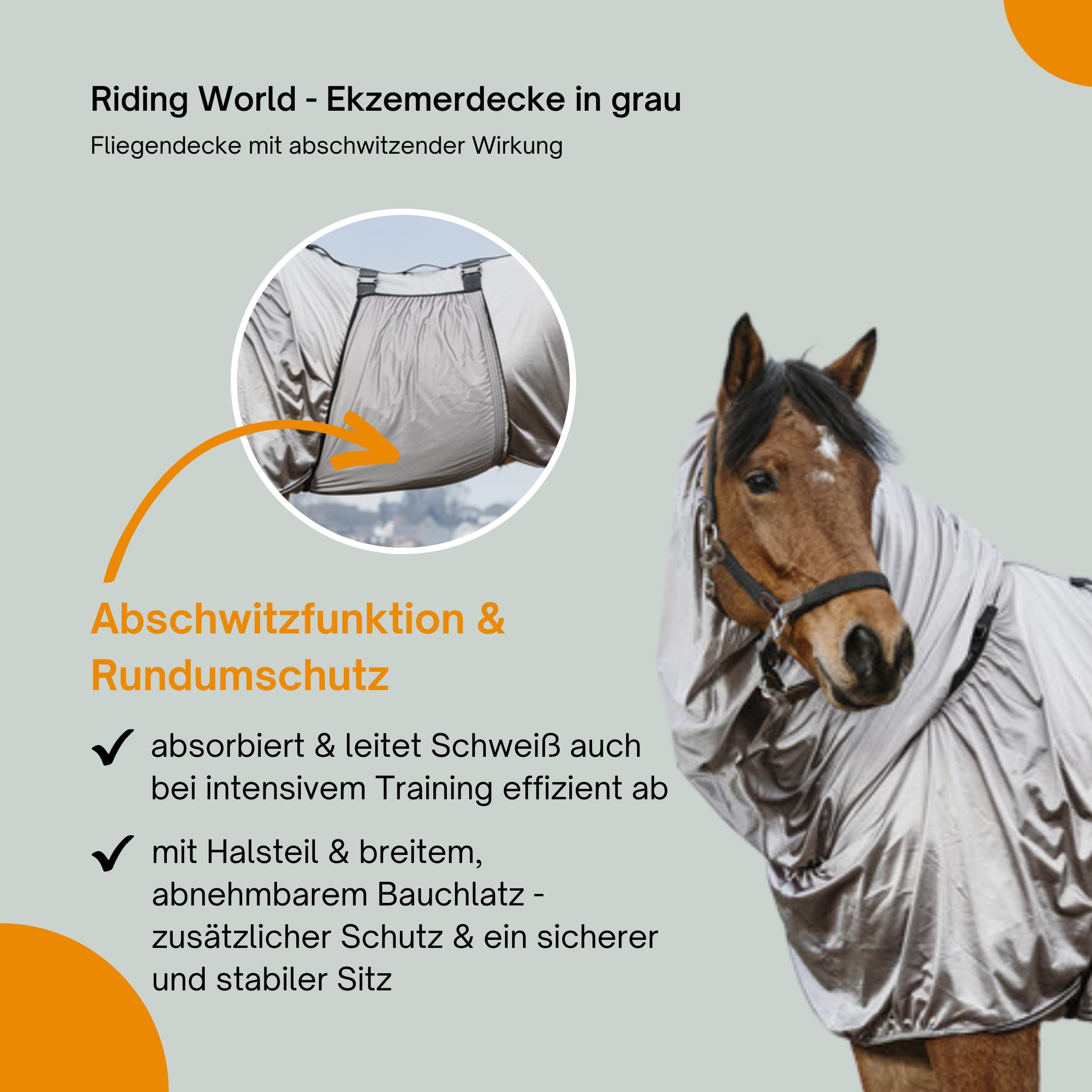 Riding World - Ekzemerdecke | Fliegendecke mit abschwitzender Wirkung | Pferdedecke mit Bauchlatz & verstellbaren Riemen & Bändern | Abschwitzdecke Pferd & Pony | Stalldecke in Grau | 145 cm
