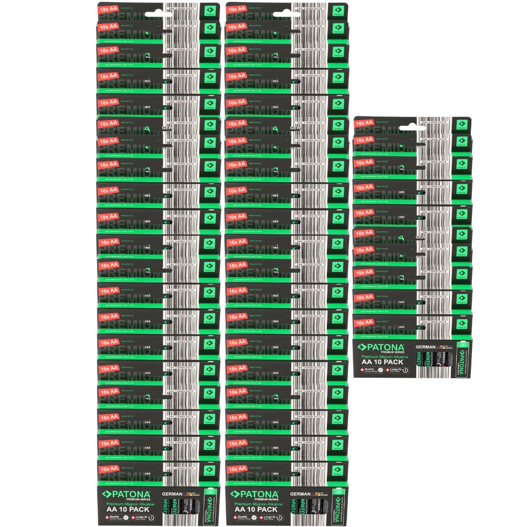 PATONA Pilas alcalinas Mignon LR06 (500 x 10 unidades, 1,5 V, 3000 mAh, tiempo de funcionamiento extralargo, sin fugas, ajuste perfecto, almacena durante 10 años, apenas descarga, alta calidad)