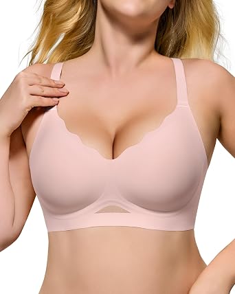 HORISUN Womens No Underwire Bras Supportive Scalloped V Neck Tshirt Bra Comfortable Wireless Seamless Push Up Bralette