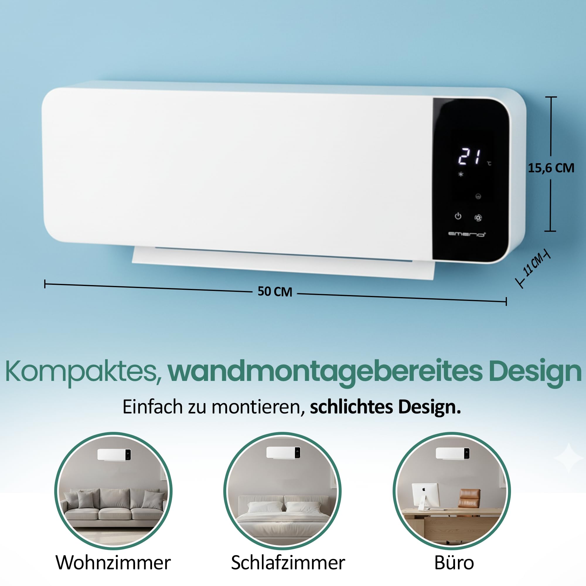 EMERIO Termoventilatore da parete, 2000 W, timer regolabile per settimane, elemento riscaldante PTC (ceramica), 2 livelli di riscaldamento, termostato regolabile, finestra aperta, rilevazione