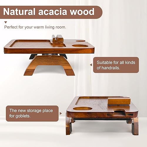 Miniatura 10 de Amazingwood Bandeja de brazo para sofá, mesa de bambú con soporte para copa de vino, bandeja plegable para reposabrazos con clip en sofás anchos