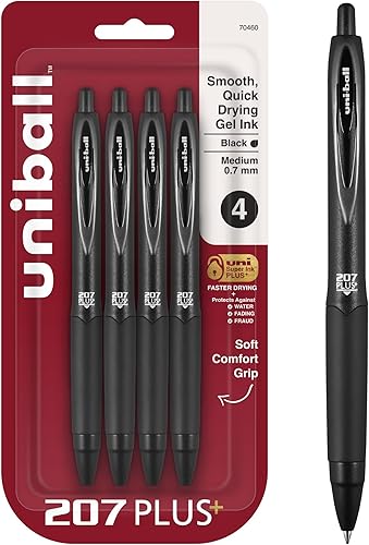 Uniball 207 Plus+ Bolígrafos de gel retráctiles, punta media, 0.028 in, tinta negra, paquete de 4 (70460)