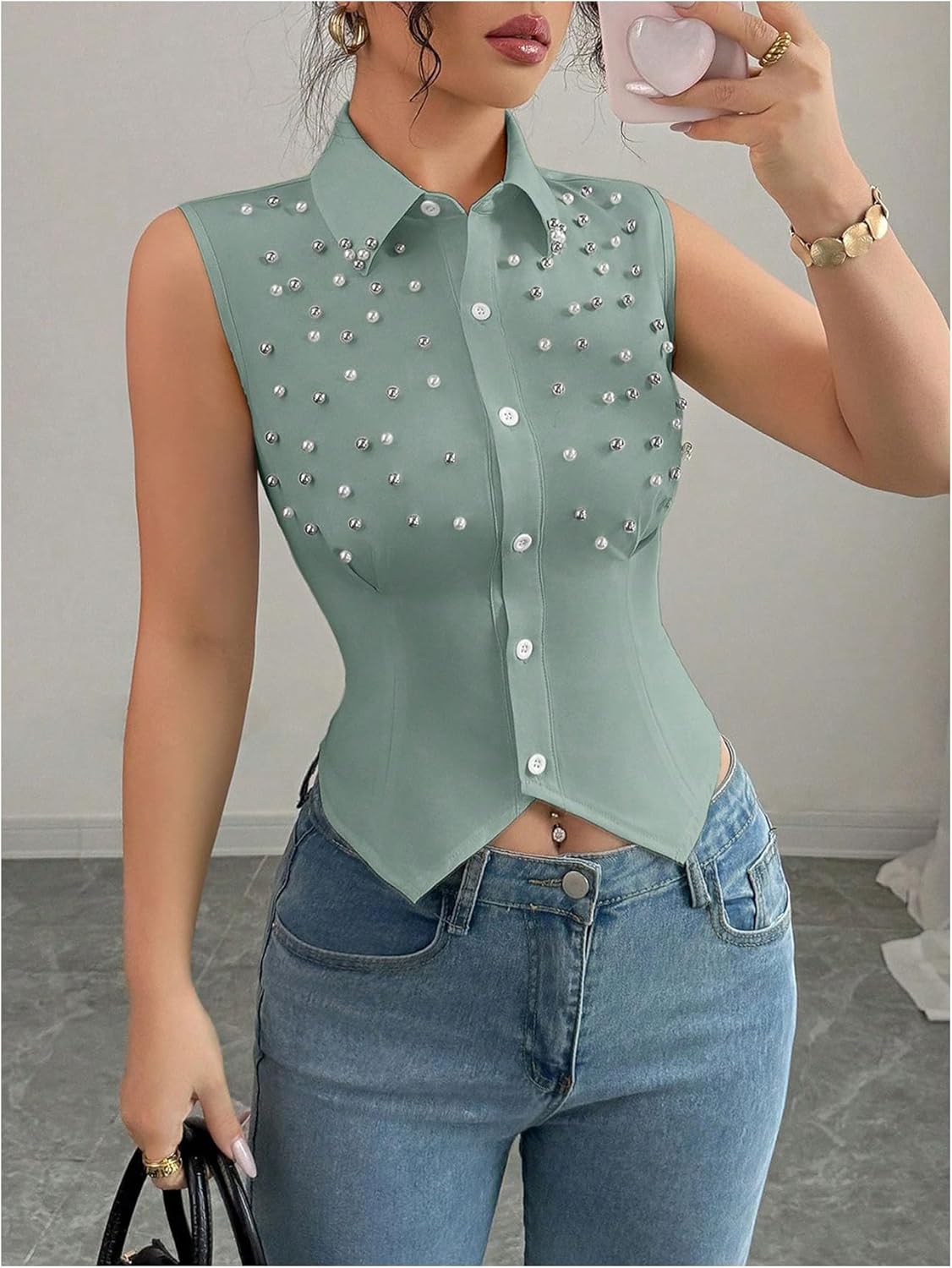 Floerns Women's Elegant Button Down Shirt Sleeveless Pearl Beaded Tank Dressy Casual Blouse Tops - Image 5