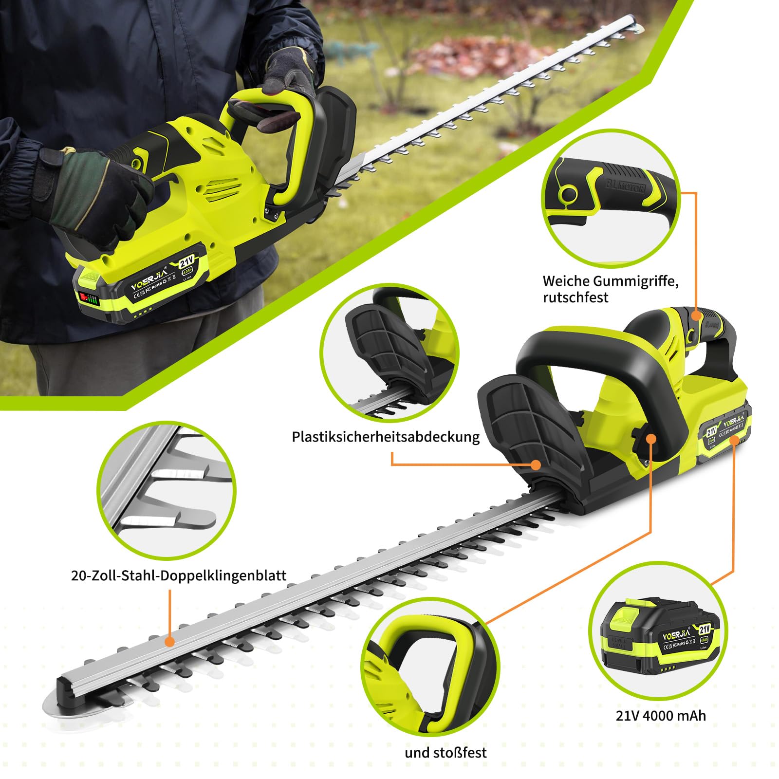 Taille-haie sans Fil VOERJIA 21V 2 Batteries 4,0 Ah Chargeur Moteur sans balais 750 W Double Lame 50 cm (20 Pouces) LED