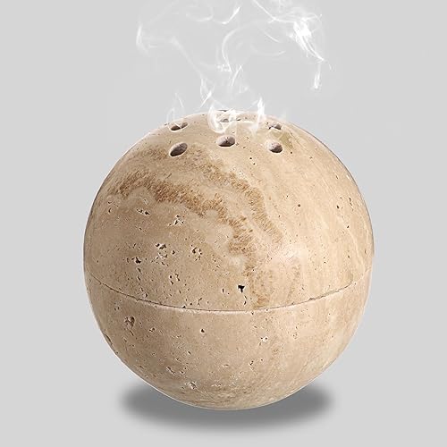 JUXYES Quemador de incienso de piedra de travertino minimalista, soporte redondo de incienso de mármol natural, soporte para quemador de incienso de
