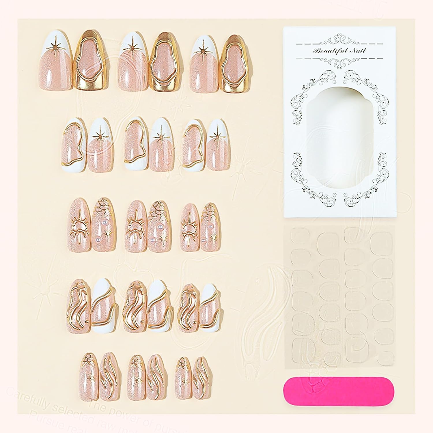 Press on Nails Medium Almond - 3D Gold Metallic Celestial Starburst Fake Nails, Champagne Cat Eye Magnetic Heart French Tip Luxury False Nails for Women & Girls, 30 Pcs