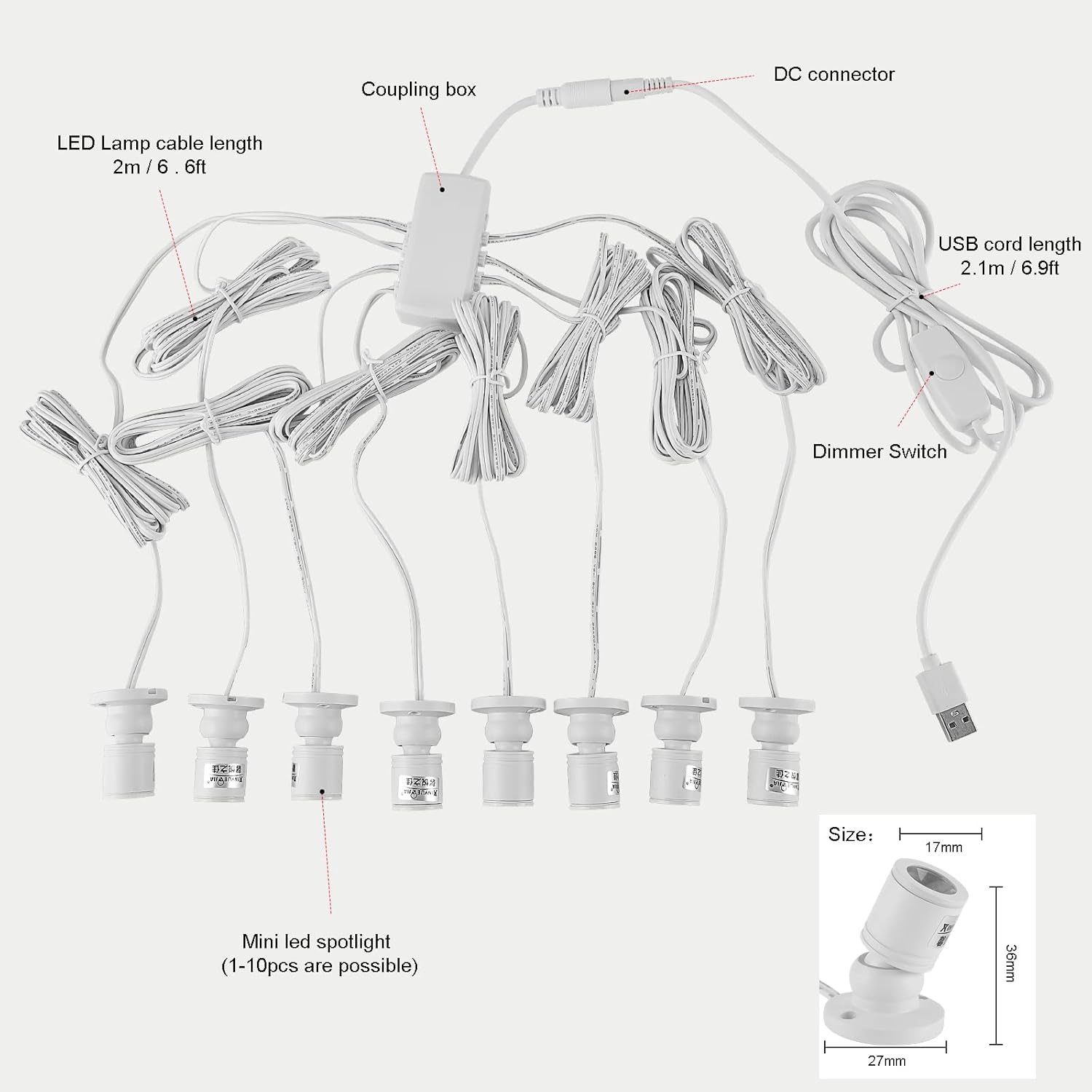 Cefrank Mini Spot Lights with Dimmer, 8 x 1W 360° Rotatable LED Spotlight Jewelry Cabinet Dimmable Wall Light, White Finish Shell (Pack-8, Cold White 6000k)