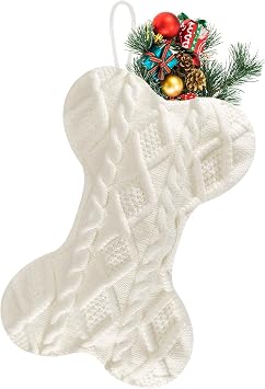 Dog Christmas Stocking,Large Bone Shape Knit Xmas Party Decoration | Xmas Hanging Stocking for Fireplace or Tree,Gift Home Decoration,White