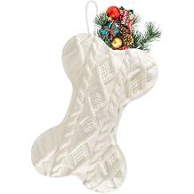 Dog Christmas Stocking, Large Bone Shape Knit Christmas Stockings for Dogs, Xmas Party Hanging Stocking for Fireplace Tree Gift Home Decoration White