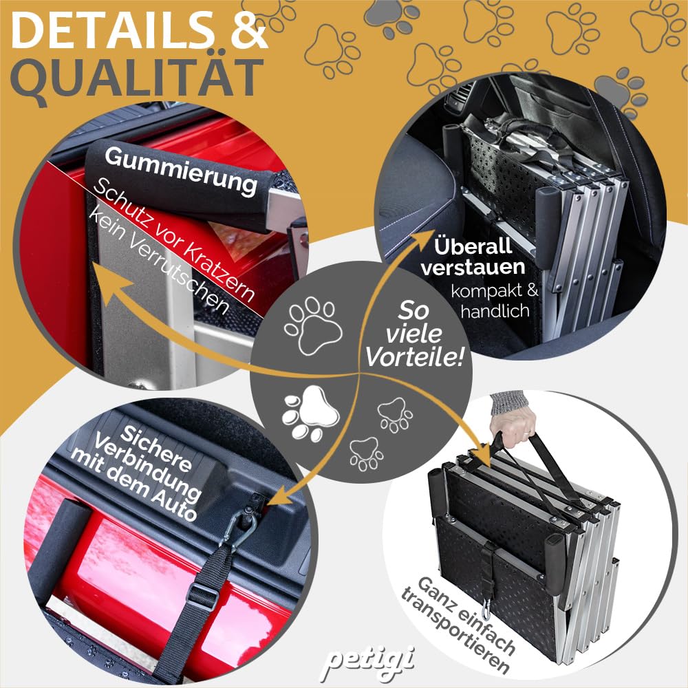 Petigi Auswahl Hunderampe für Auto, Aluminium, Hunde Rampe, Hundetreppe, SUV, rutschfest, Belastbarkeit 50 kg, 70 kg, 90 kg oder 150 kg