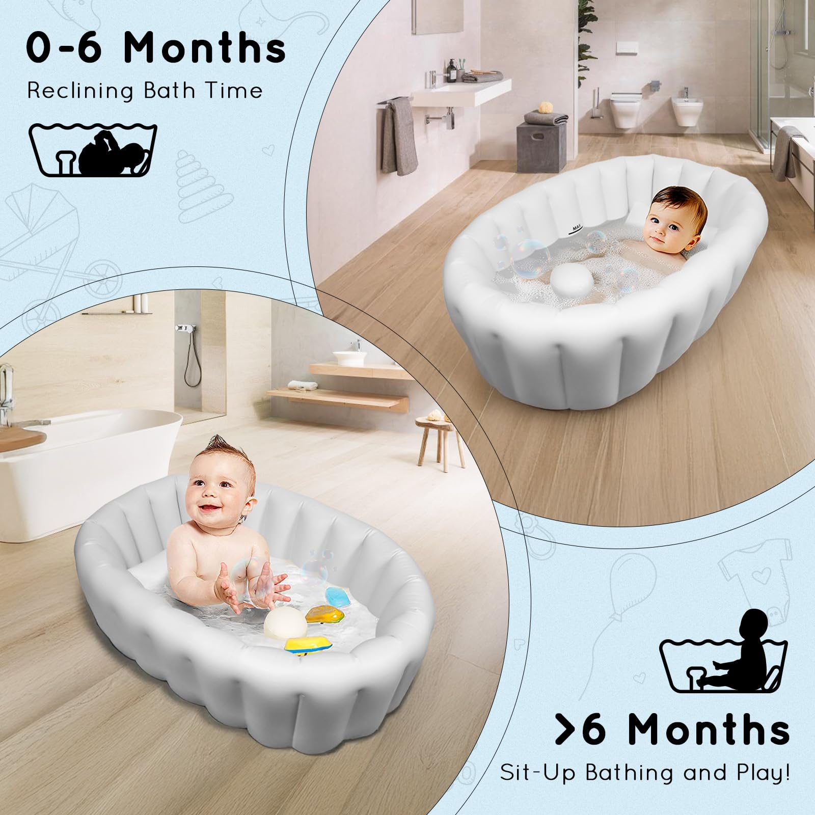 Vaschetta Bagnetto Neonato, Vasca da Bagno pieghevole, Vaschetta Bagnetto Gonfiabile da Viaggioper Bambini Neonati Senza Pompa ad Aria, Antiscivolo Gonfiabile Vasca da Bagno da 0 a 24 Mesi,Blu