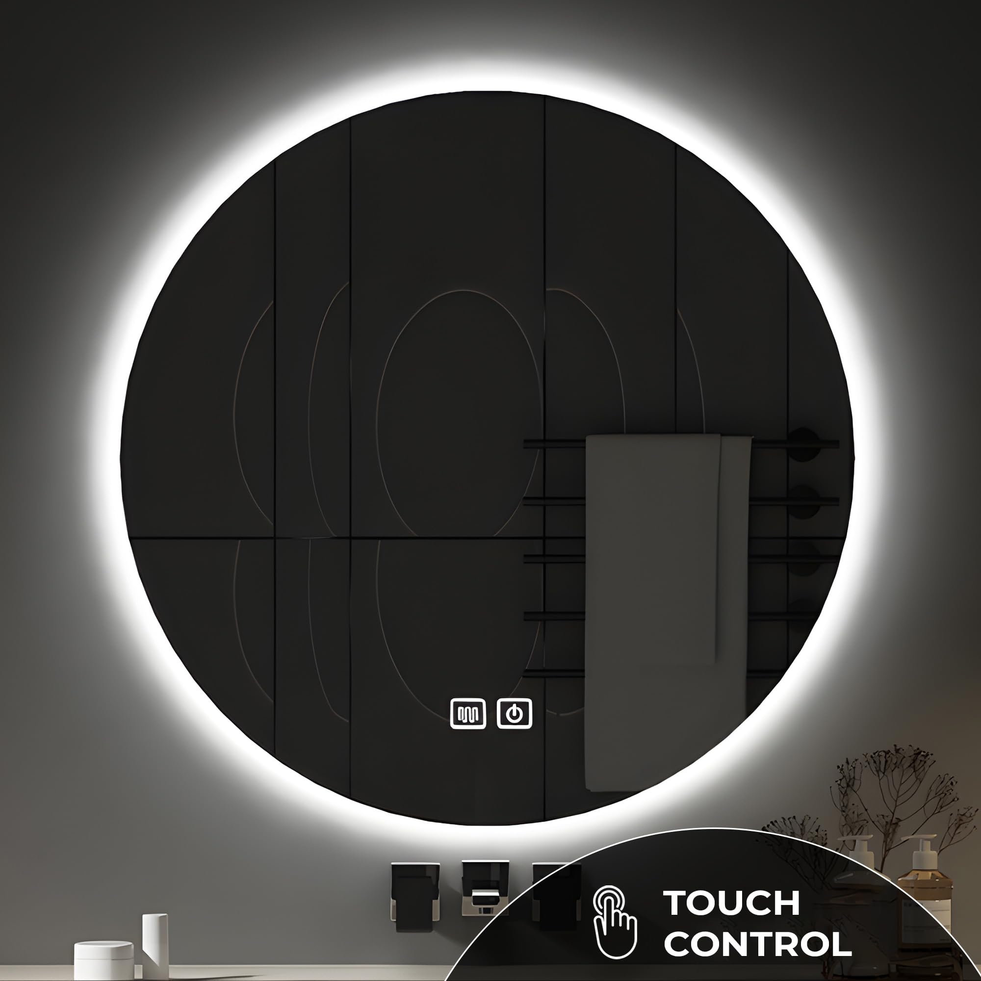 Bayt Espejo de Baño Redondo Luces LED - Espejos de Baño Iluminados de 60 cm con Retroiluminación | Espejos de Tocador de Pared Antiniebla Regulable | Espejo de Pared sin Marco