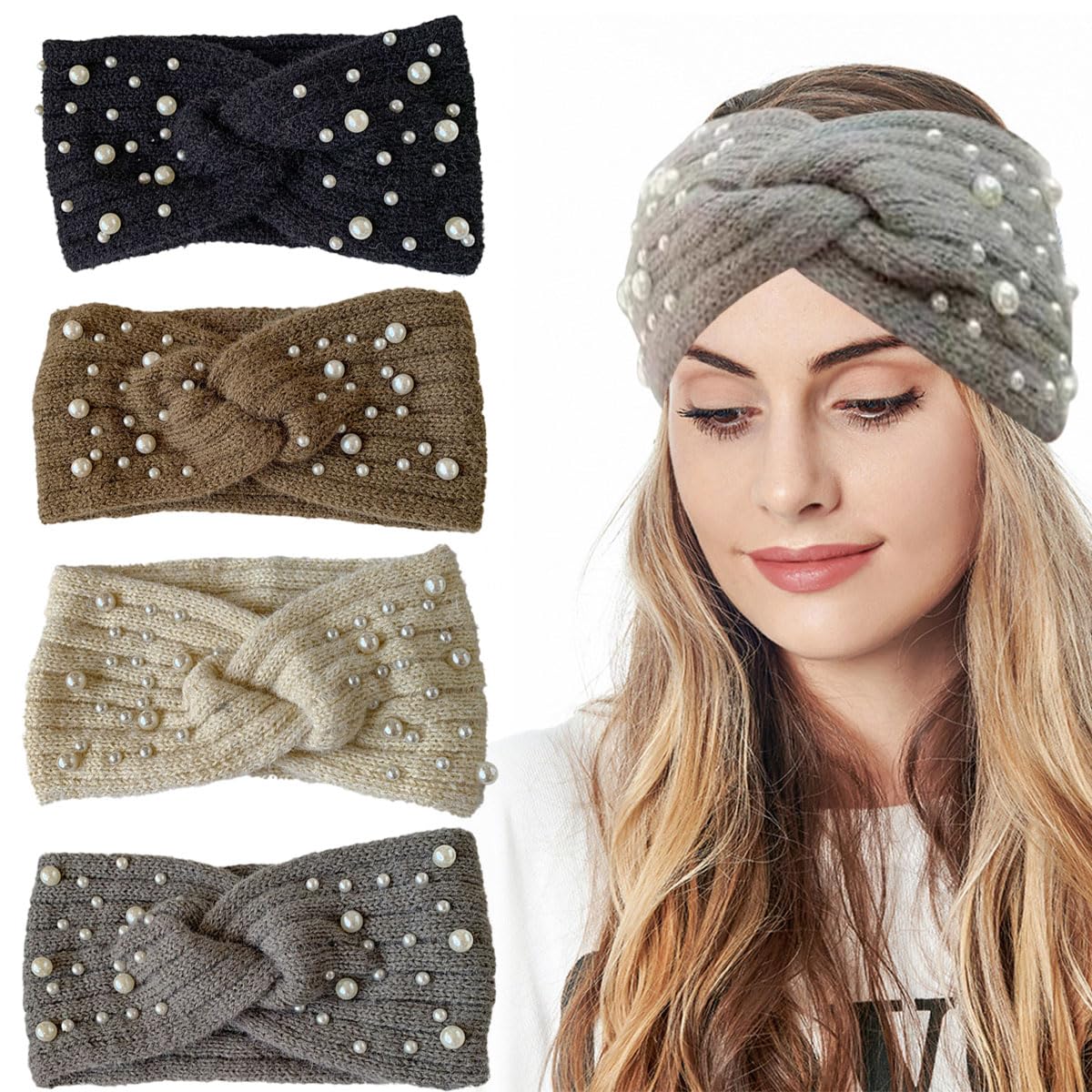FZBNSRKO Knitted Headband,3 Pieces Winter Knitted Headband Crochet Turband Ear Warmer Winter Braided Head Wraps for Women Girls(Random Color) - Image 2