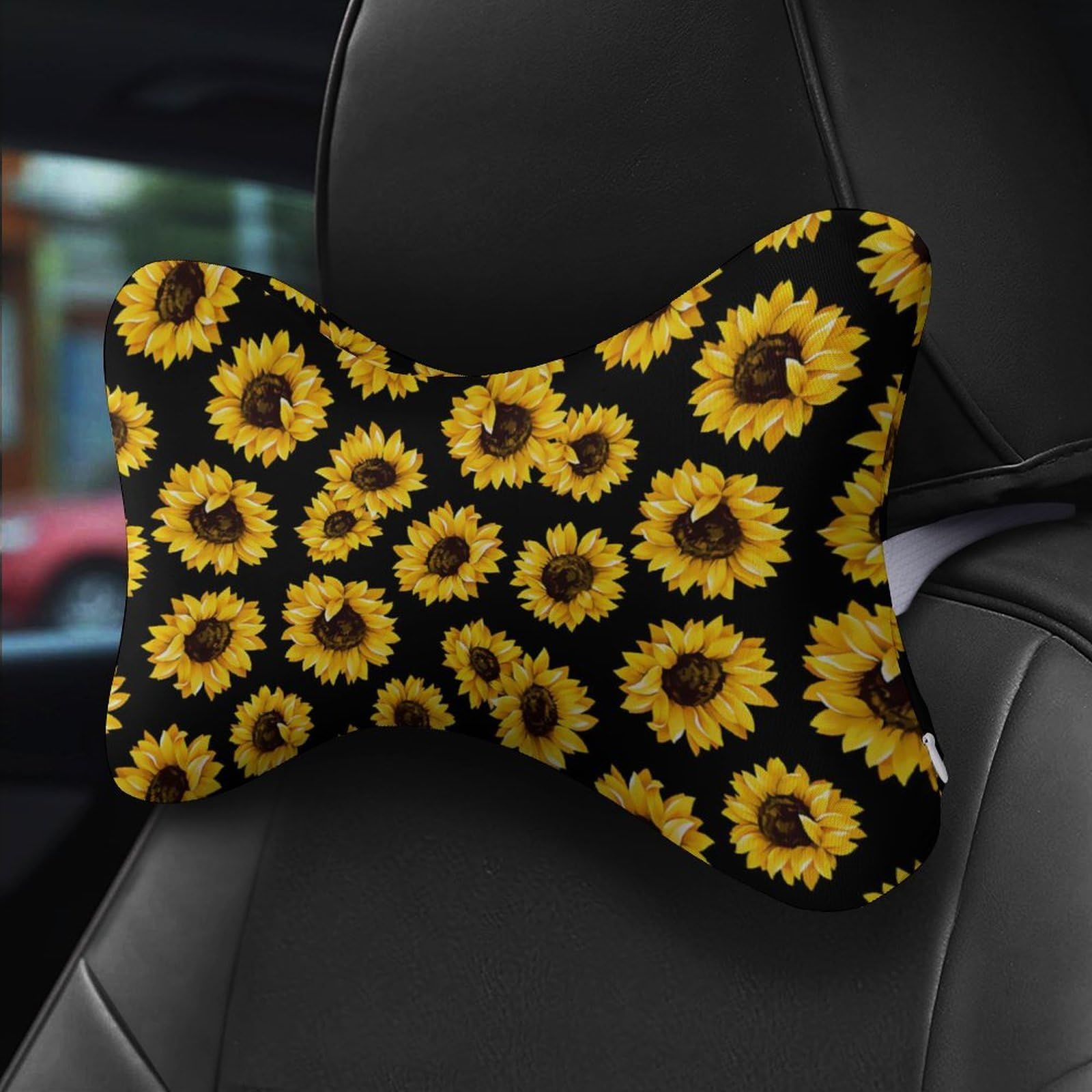 SMAZDFXX Sunflower Car Neck Pillow Set of 2 Car Seat Head Support Cushion Bone Pillows with Elastic Strap