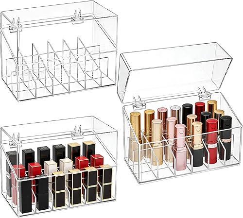 Miniatura 8 de Foraineam Paquete de 3 organizadores de lápiz labial con tapa, 18 espacios de acrílico transparente para lápiz labial, estuche de almacenamiento de
