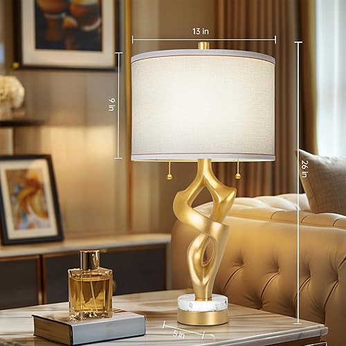 Miniatura 6 de Scenekoy Juego de 2 lámparas de mesa esculturales para sala de estar con base de mármol y puertos USB, acabado de hoja dorada, lámparas rústicas de