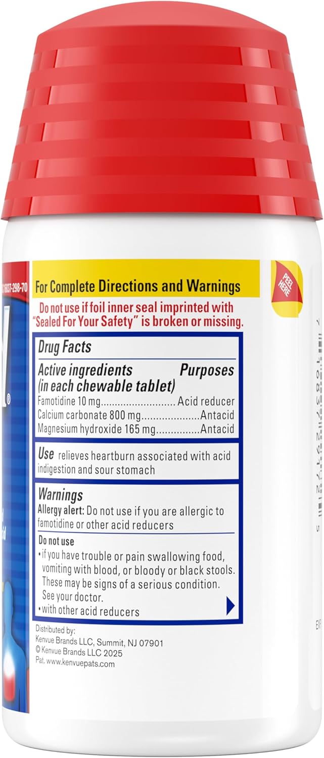 Pepcid Complete Acid Reducer + Antacid Chewables, 10mg Famotidine, 800mg Calcium Carbonate & 165mg Magnesium Hydroxide per Heartburn Medicine Tablet, Antacid Chews, Berry Flavored, 70 ct