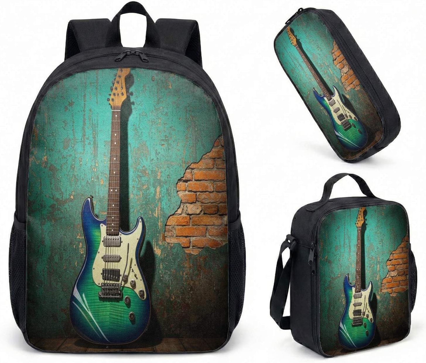 Blue Green Electric Guitar Art 17 Inch Backpack 3 Piece Set Vibrant Illustration Print Functional Travel Luggage (04)