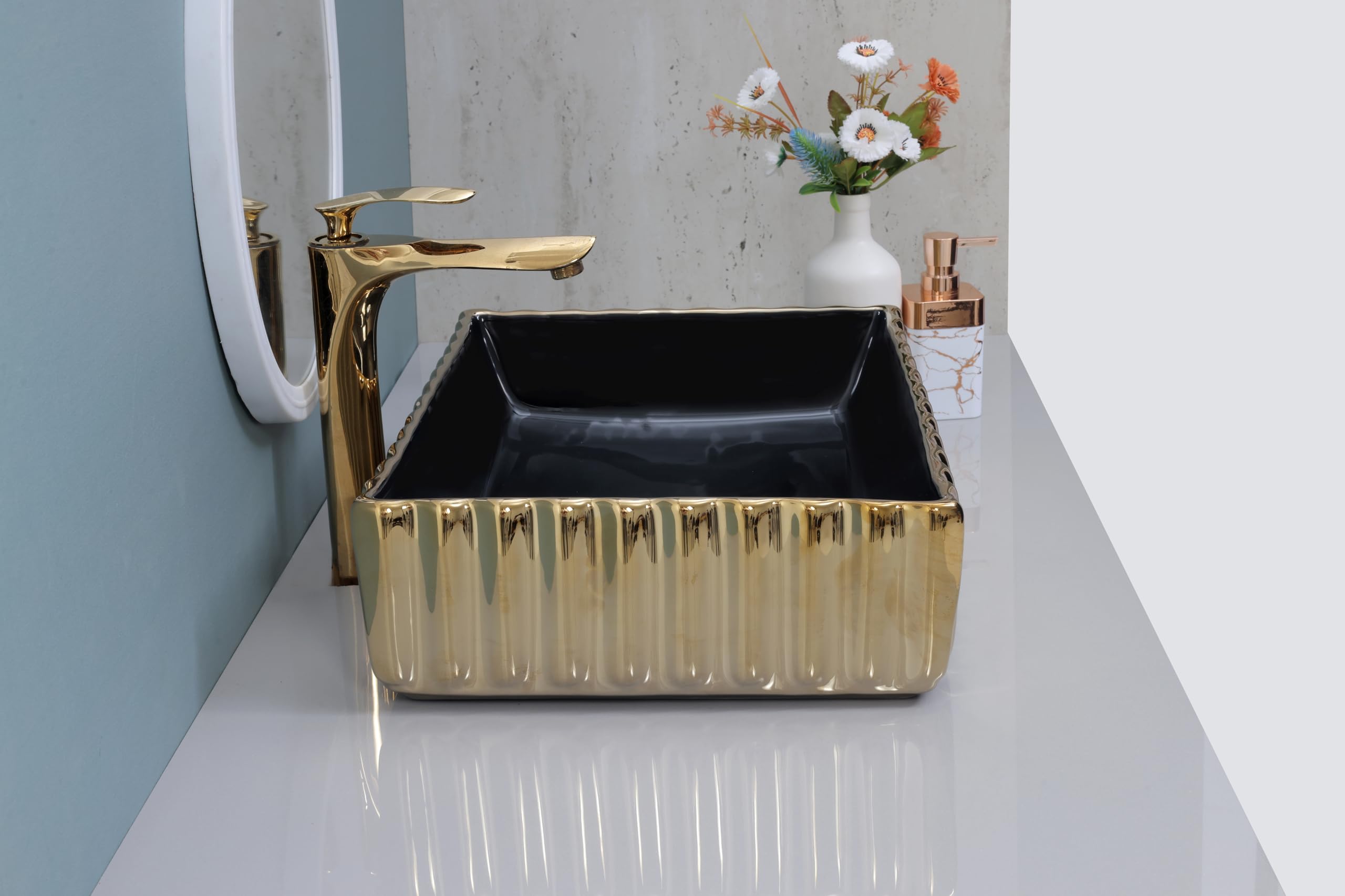 HISRE Premium Ceramic Table Top Wash Basin - Modern Design Sink - Perfect for Living room & Bathroom (Black & Golden) (Model - G3001), photo 3 of 3
