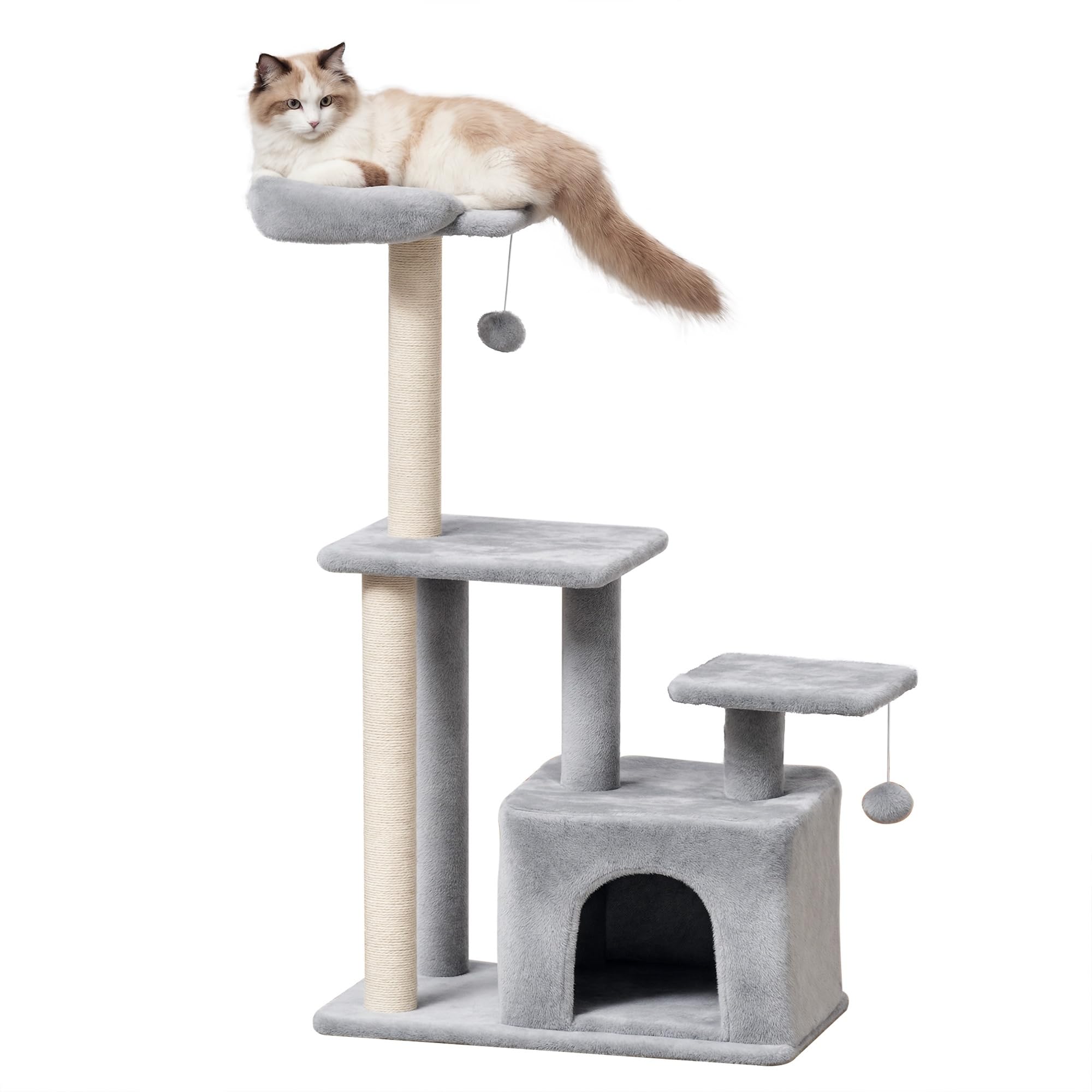Pawhut Unisex Grey Cat Tree Tower With Scratching Posts Sisal Hanging Ball Condo In