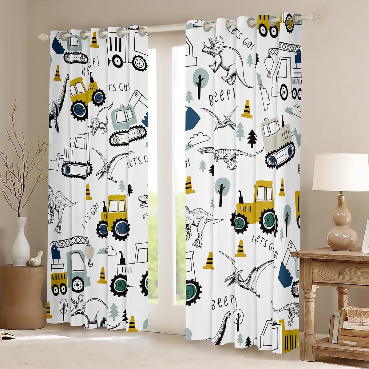 Loussiesd Construction Curtains Kids Cartoon Car Excavator Tractor Toddler Curtains Equipment Trucks Dinosaur Darkening Drapes Construction Vehicles White Yellow Window Treatments W46*L72 - Image 2