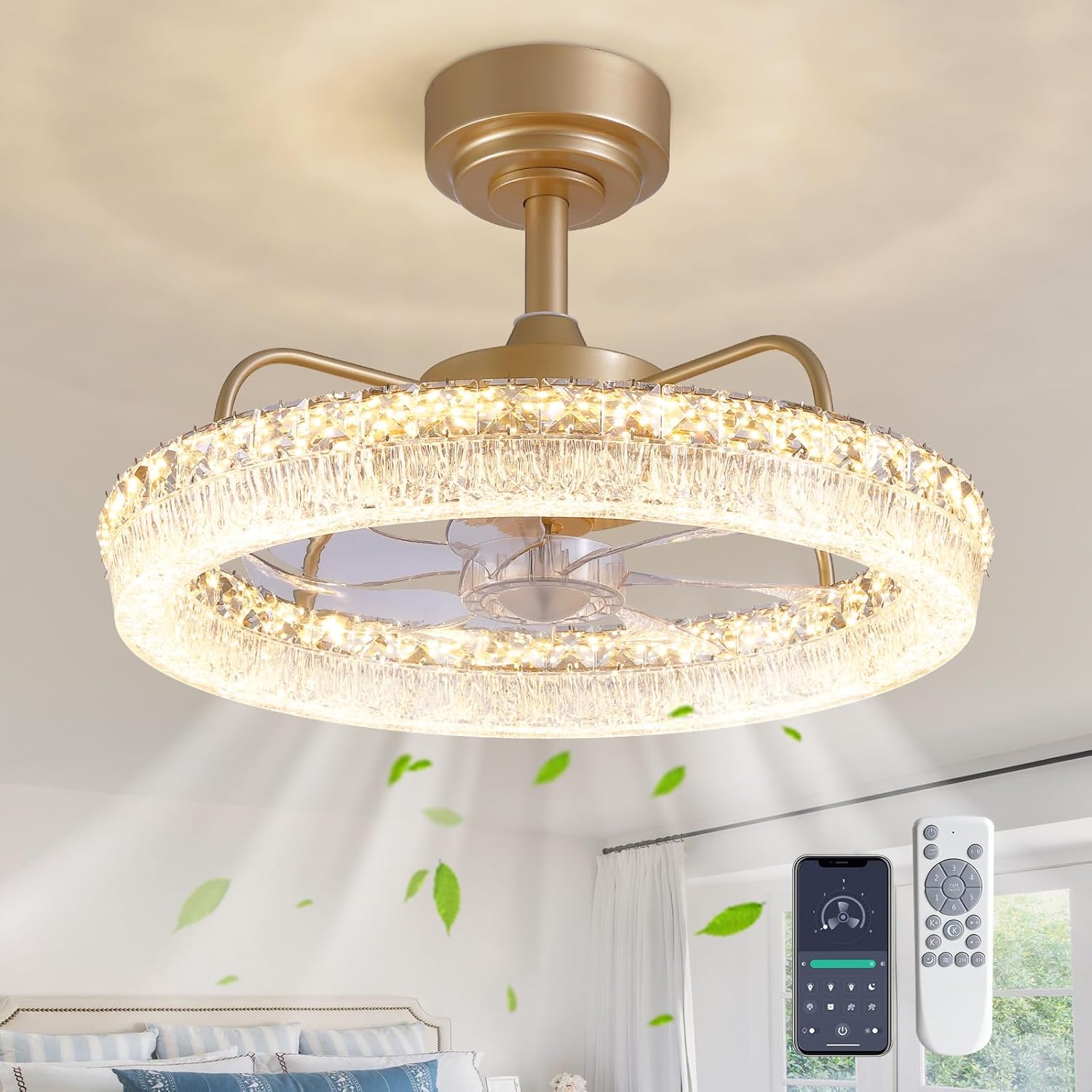 CROSSIO 20'' Ceiling Fan with Lights and Remote, 3000-6000K Dimmable Low Profile Crystal Ceiling Fan, 6 Wind Speeds Modern Flush Mount LED Fandelier for Bedroom Living Room, Gold Gold Crystal & Acrylic Shade
