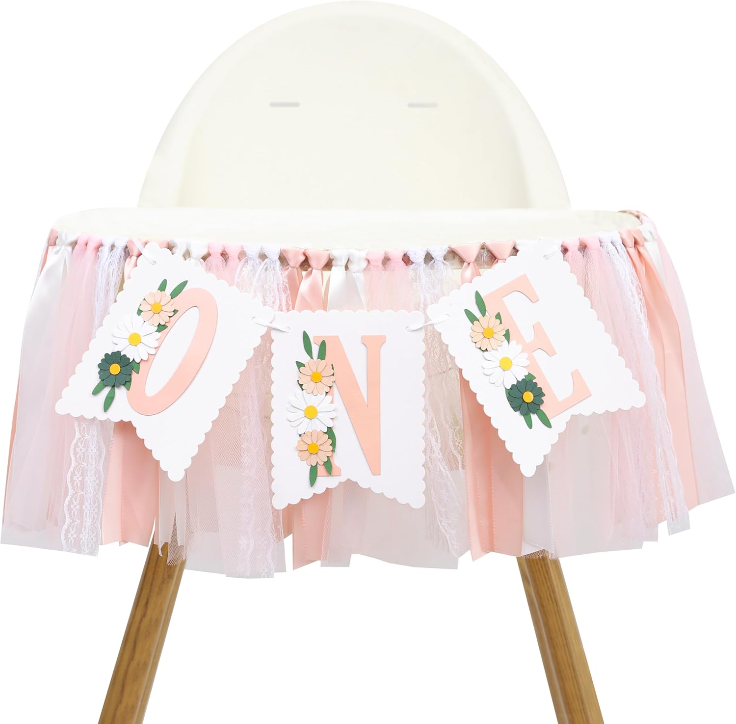 Wild Flower High Chair Banner - Pink Floral Wildone Party Supplies , Daisy One Birthday Highchair Banners , Our Little Wild Flower Is Turning One , Daisy 1st Photo Prop Cake Smash , Bohemian Wreath (Wild Flowers Pink)
