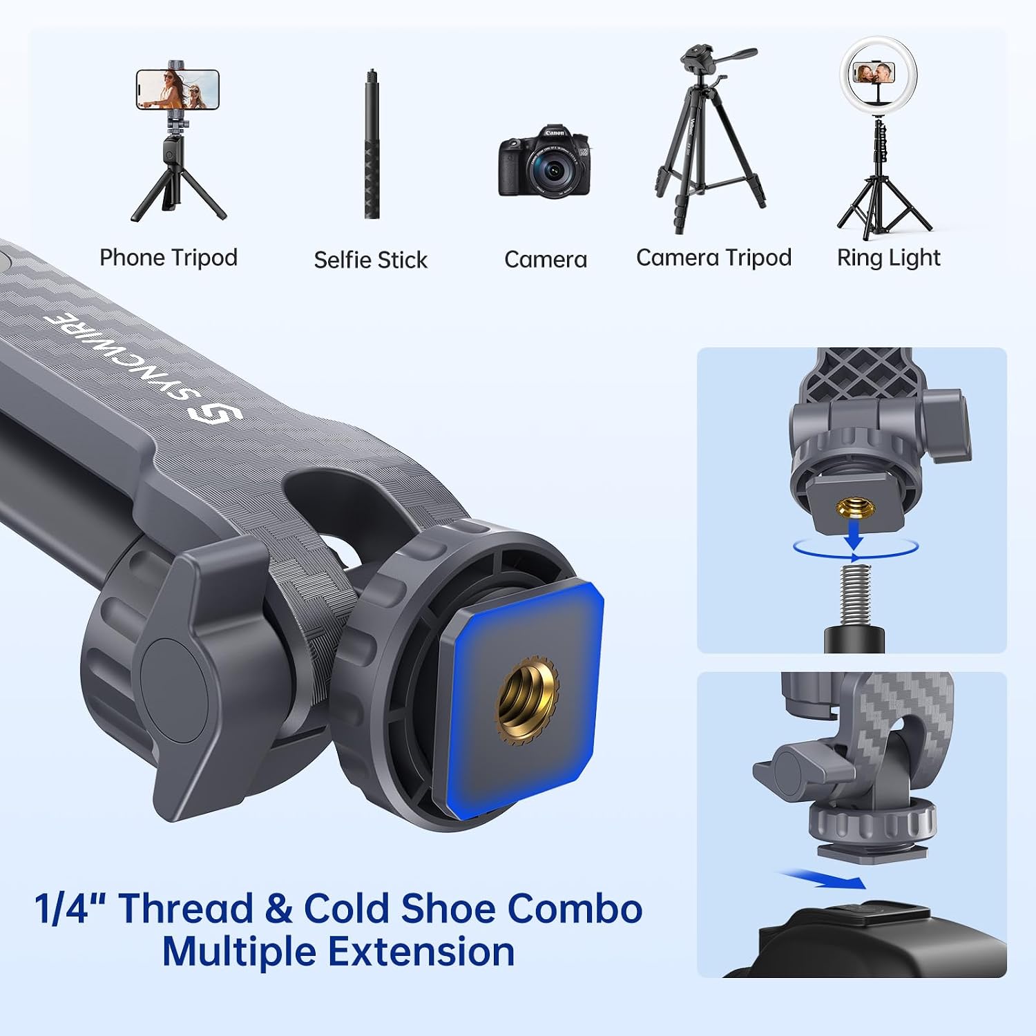 SYNCWIRE Tripod Phone Mount, Universal Smartphone Mount Adapter with 2 Cold Shoe and 1/4" Screw, 360° Rotates and 180° Tilts Adjustable Cell Phone Clamp Holder for Enhancing Mobile Photography Setup 4 71ATJJBAYIL. AC SL1500