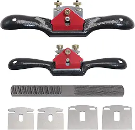 KOOTANS Spokeshave ajustável de 22,86 cm e 25,40 cm, com lâminas de substituição e lixa de lâmina de 4 vias, plaina manual com base plana, perfeita para aparar, ferramentas de rebarbação de madeira