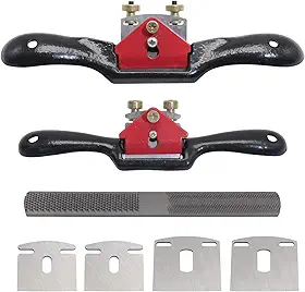 KOOTANS Spokeshave ajustável de 22,86 cm e 25,40 cm, com lâminas de substituição e lixa de lâmina de 4 vias, plaina manual com base plana, perfeita para aparar, ferramentas de rebarbação de madeira
