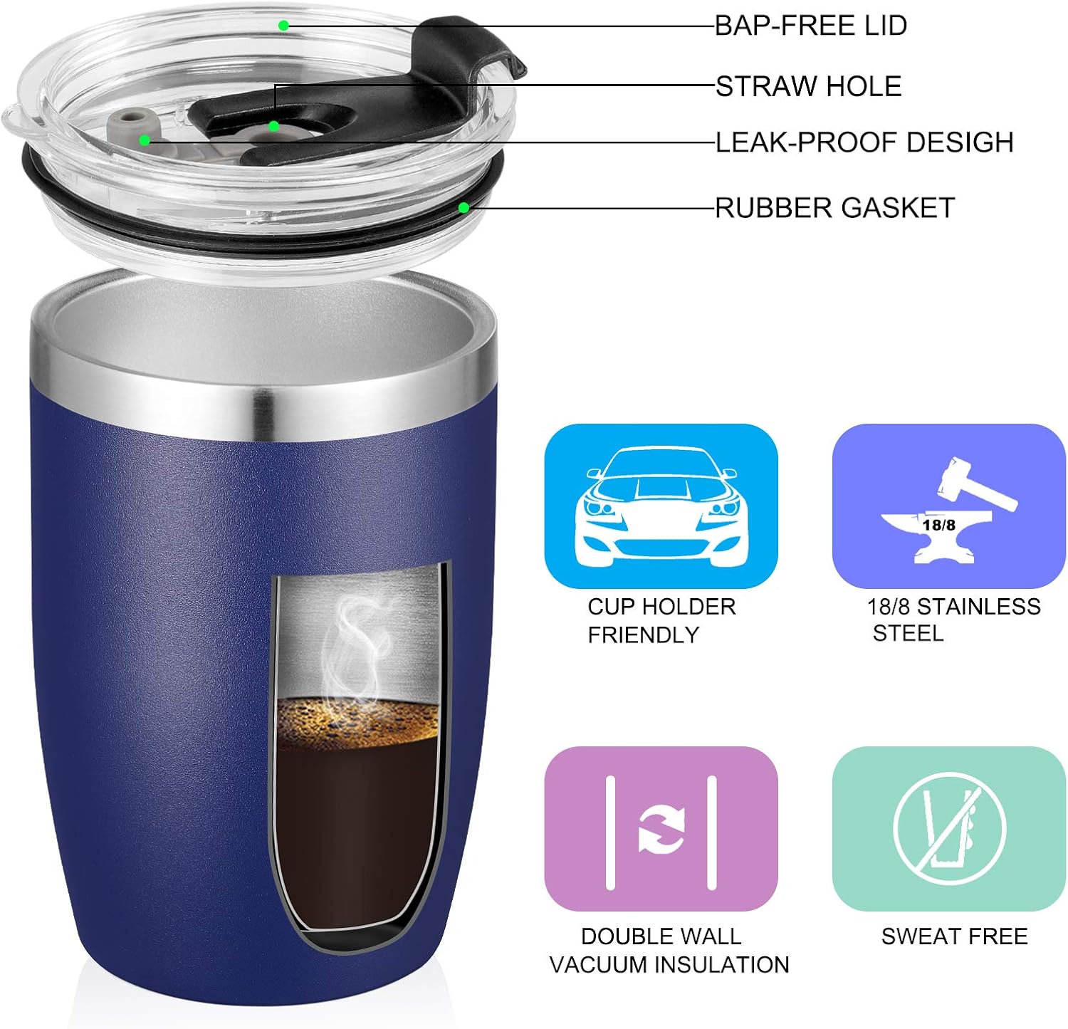 VEGOND Stainless Steel 12 oz Tumblers bulk Vacuum Insulated Double Wall Travel Tumbler with Lid and Straw Reusable Tumbler, Navy Blue 6 pack