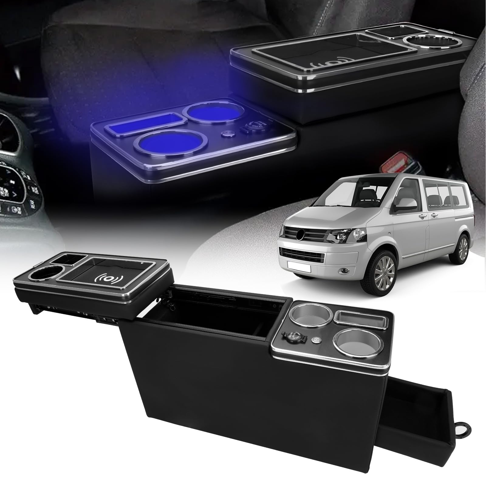Console Centrale per T4 T5 T6 T6.1 T7, Scatola Portaoggetti Universale per Bracciolo Aggiornata con Vano Portaoggetti, Porte di Ricarica Usb e Luci a Led, con Funzione di Ricarica Wireless