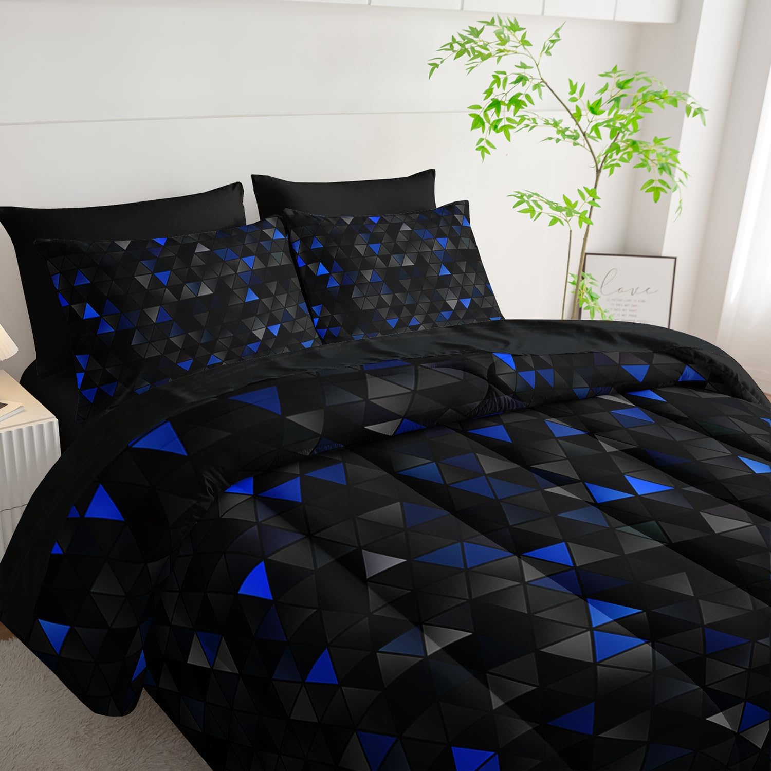 Geometric Blue Black Triangle Full Size Comforter Set,Light Honeycomb Bedding Set 7 Piece in A Bag,Bed Sheet Set Geometry Decor,Microfiber Lightweight All Season - Image 3