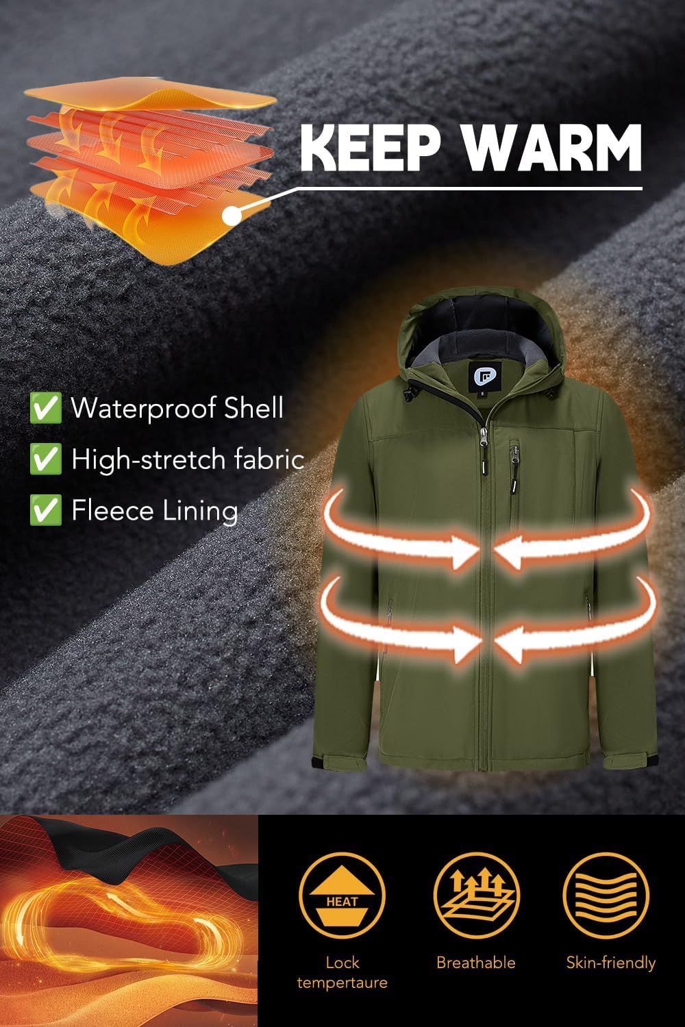 FARVALUE Men's Softshell Jacket with Hood Fleece Lined Windproof Coat Lightweight Waterproof Insulated Winbreaker for Hiking - Image 2