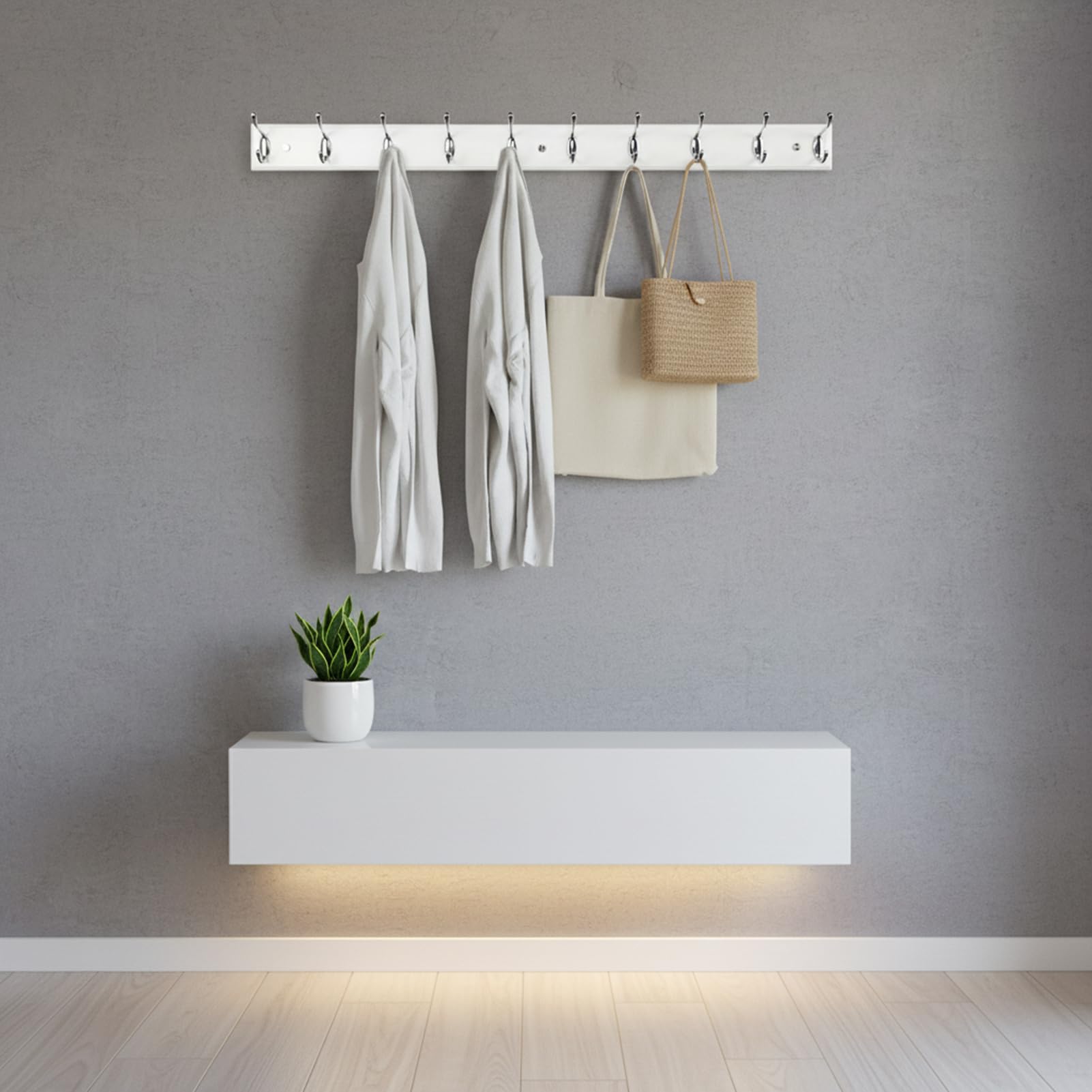 Appendiabiti da parete in legno con 10 ganci, 95 cm, bianco, robusto appendiabiti in argento per vestiti, cappelli, borse, grande appendiabiti moderno in legno per ingresso, corridoio