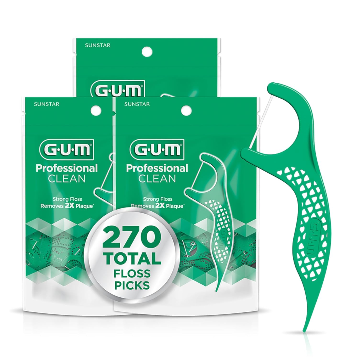 GUM Professional Clean Dental Floss Picks, Extra-Strong Shred-Resistant Flossers with Easy-Grip Handle, Fresh Mint Flavor,