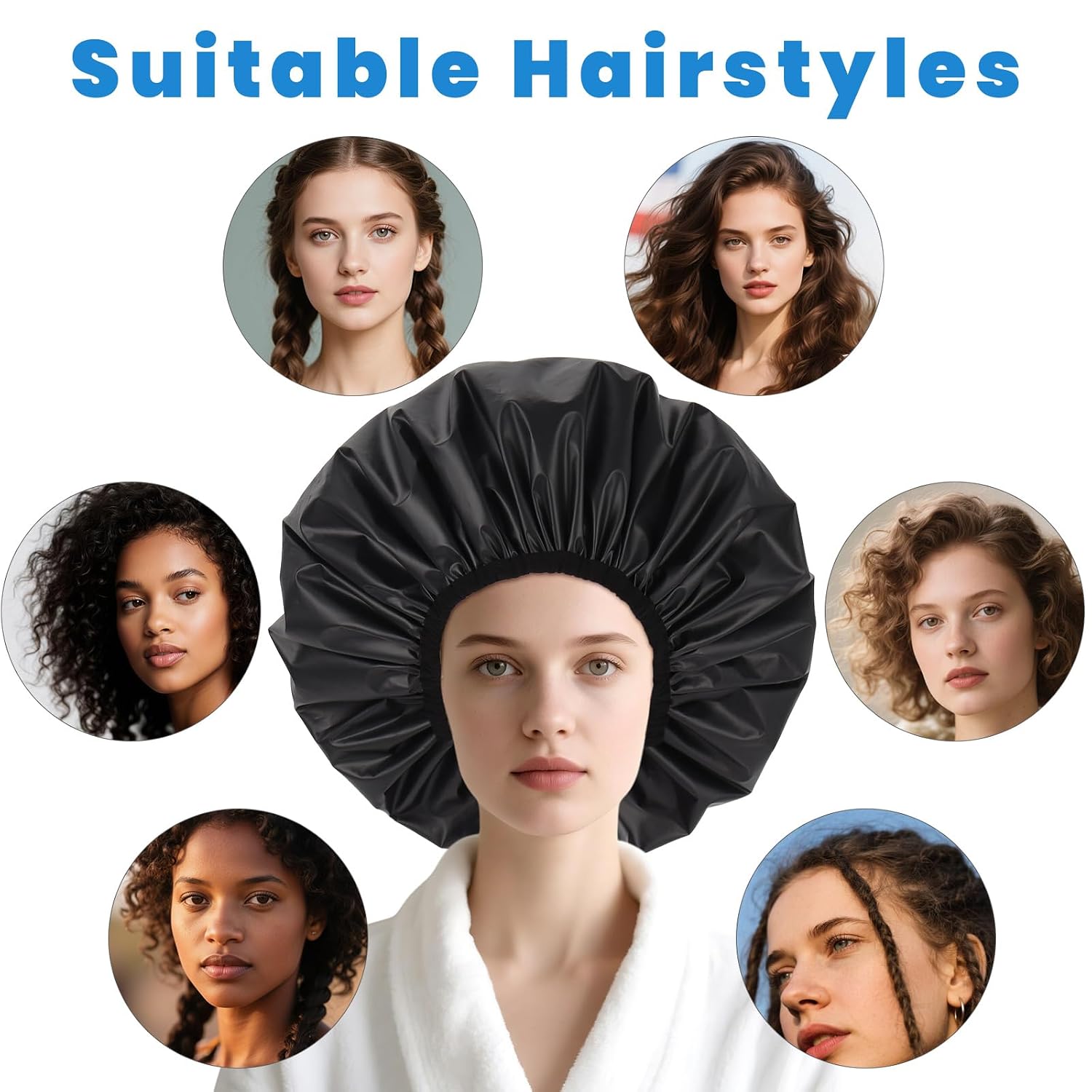 Extra Large Shower Cap XL Satin Lining Shower Bonnet Black Shower Cap for Men Women Thick Long Hair Braids Curly Hair