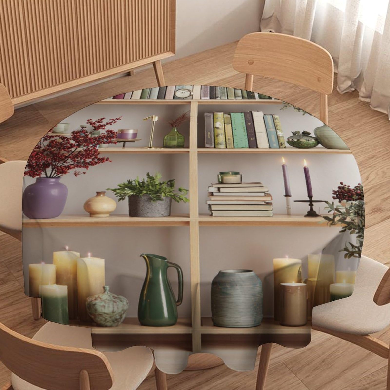 LUYYSKY Beautiful Abstract Bookshelf Waterproof Round Tablecloth Retro Realistic Bookshelf Books Plants Print Washable Table Cover for Kitchen-177.8" Wx177.8 L cm