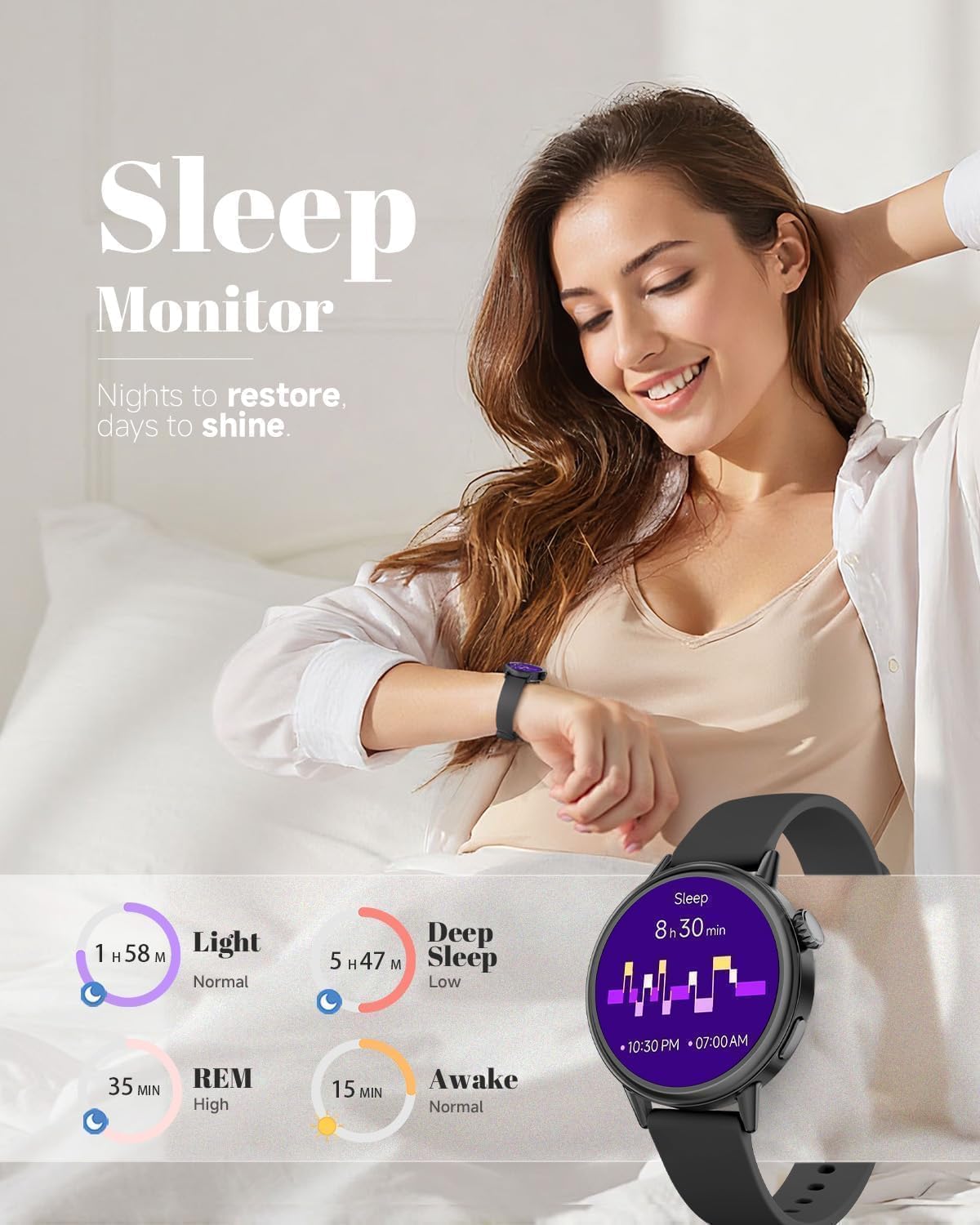 TOOBUR DR07 Smart Watch displaying sleep monitoring data, including light, deep, and REM sleep, on a woman's wrist.
