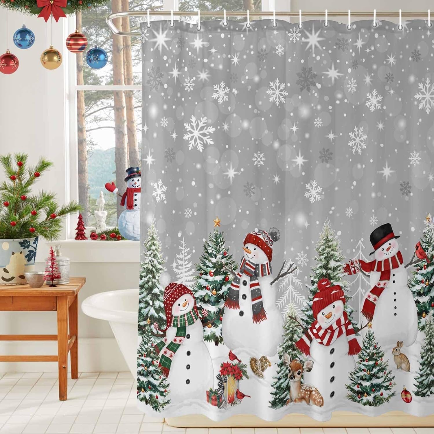 Grey Christmas Waterproof Shower Curtains Set - Extra Long Shower Curtain 72 x 96 Inch, Snowman Xmas Tree Snowflake Winter Polyester Fabric Bathroom Curtain with 12 Hooks, Bathroom Accessories